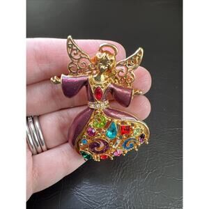 Haskell Signed Vintage Brooch Angel Gold Tone With Enamel & Rhinestones